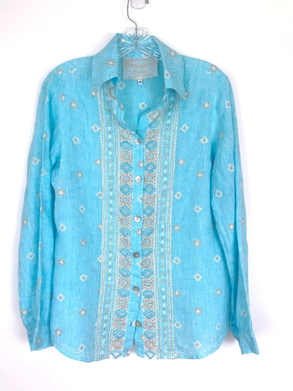 Temptation Positano Blue Straight Cut Embroidered Bohemian Linen Blouse Sz M
